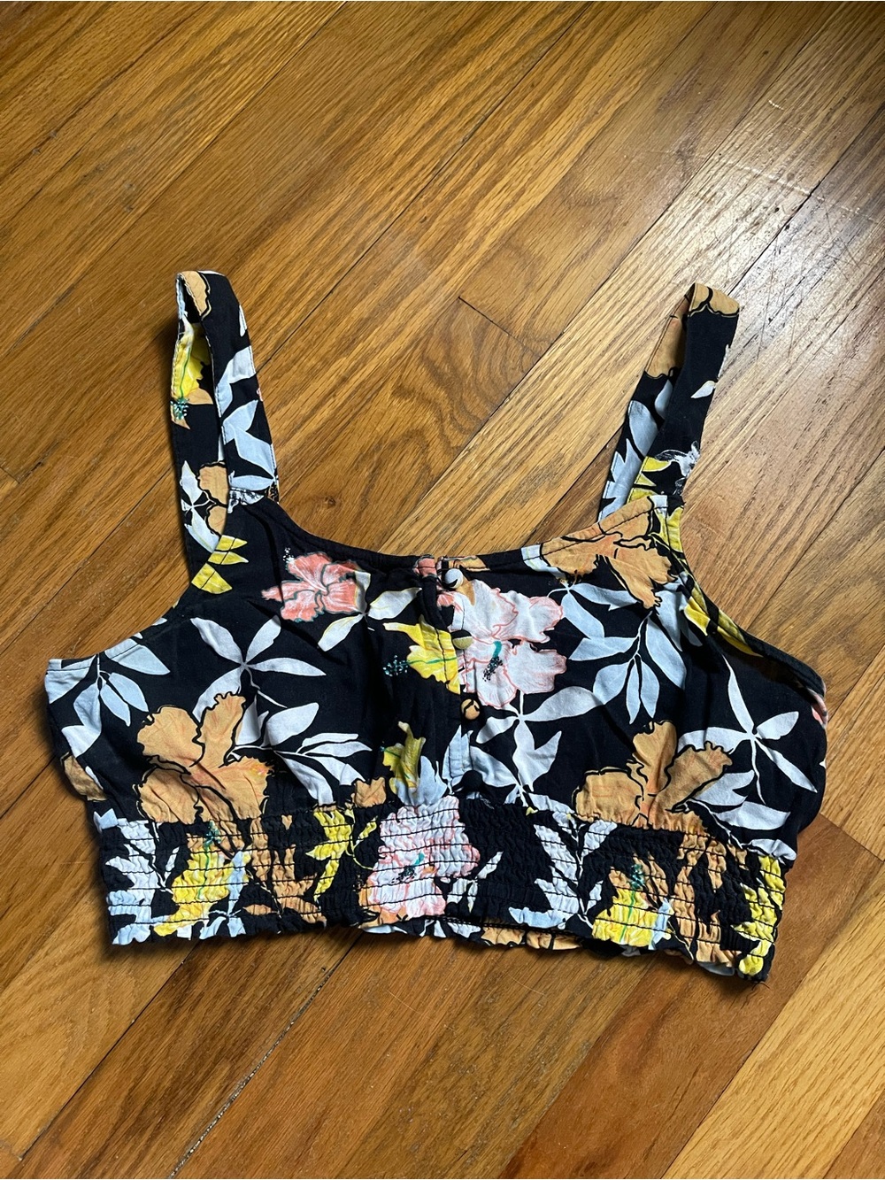 Roxy Black Floral Smocked Crop Top with Peach and Yellow Accents